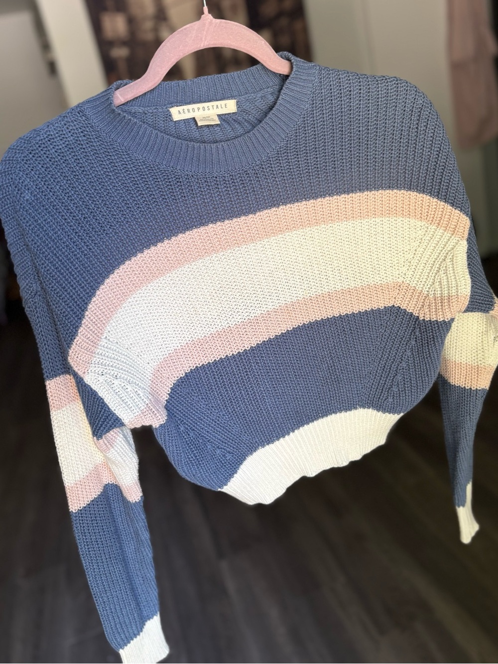 Aeropostale Denim Blue Crewneck Sweater with Pink and Cream Bands